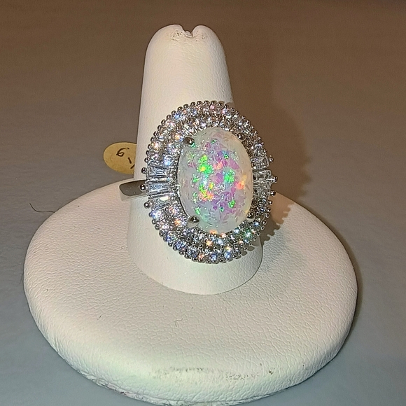 Opal Cocktail Ring With CZ Halo Rhodium Size 6 - Picture 7 of 10